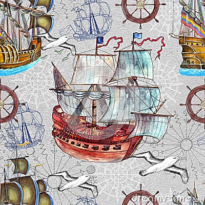 Seamless background with old sailing ships, marine symbols and gulls Cartoon Illustration