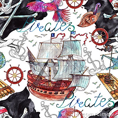 Seamless background with old ship, sea and pirates symbols Cartoon Illustration