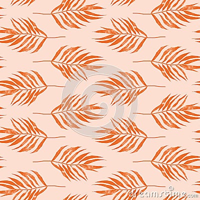 Seamless background with orange leave doodles on bright mint background. Luxury pattern for creating textiles, wallpaper, paper. Stock Photo