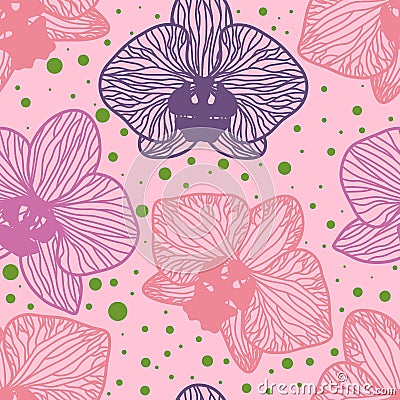 Seamless background. Orchid flowers on pink background. Vector image in contours. Silhouette colors Vector Illustration