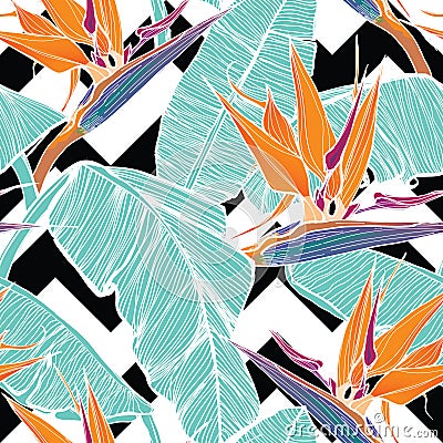 Seamless background with palm leaves and tropical flowers Vector Illustration