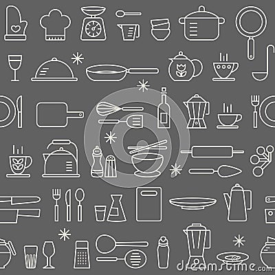 Seamless background pattern Cooking Kitchen utensil icons set Vector Illustration