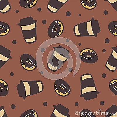 Seamless background with a pattern of a cups of coffee and delicious donuts. Coffee Attributes Color Hand Drawn Seamless Vector Illustration