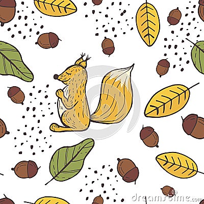 Seamless background pattern with leaf, squirrel, acorn, nut. Hand draw botanic vector stock illustration, EPS 10. Vector Illustration