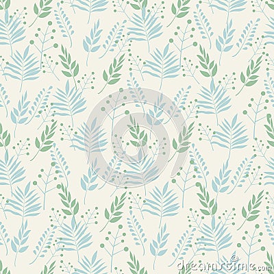 Seamless background pattern of leaves and branches leaves in pastel shades of green and blue on a beige background . Abstract leaf Vector Illustration