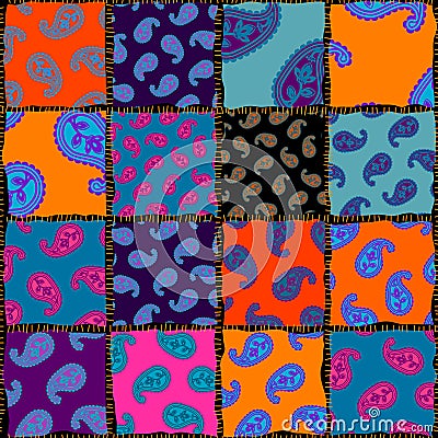Patchwork pattern with Paisley ornament patterns. Bright magenta and orange colors. Vector Illustration
