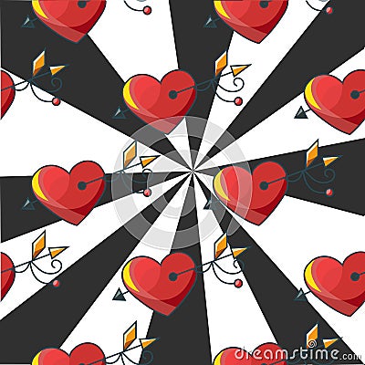 Seamless background pattern with a target of red hearts pierced Vector Illustration