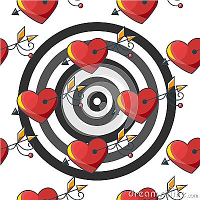 Seamless background pattern with a target of red hearts pierced Vector Illustration