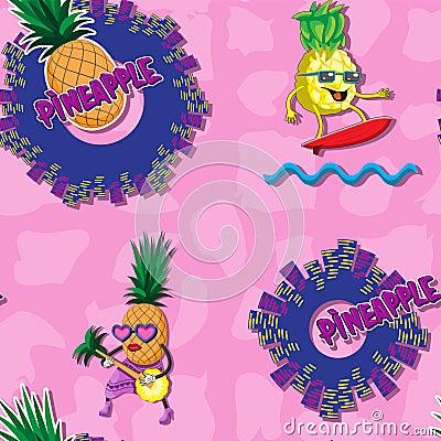 Seamless background with pineapple character of a fruit letters guitar abstract surf city wave on a pink background. Print design Vector Illustration