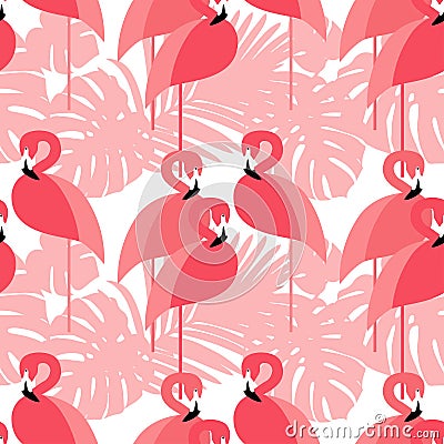 Seamless background. Pink Flamingo on a tropical background. Cartoon Illustration