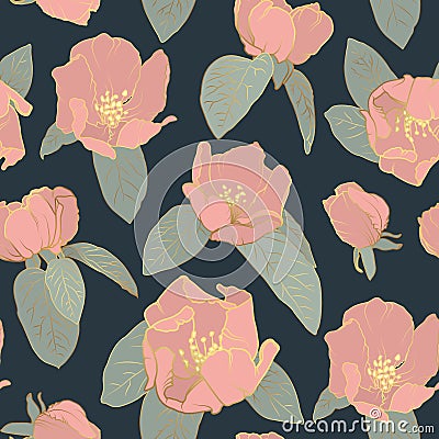 Seamless background of pink gold Sakura blossom or Japanese flowering cherry. Spring flowers, leaves pattern Vector Illustration