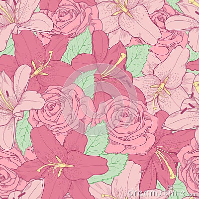 Seamless background with pink lily and roses . Stock Photo