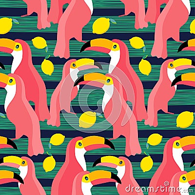 Seamless background. Pink toucans on a tropical background. Cartoon Illustration