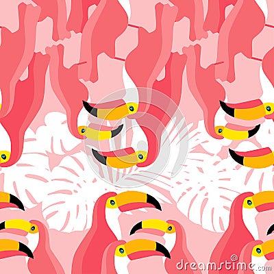 Seamless background. Pink toucans on a tropical background. Cartoon Illustration