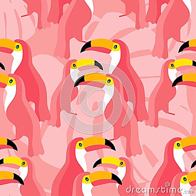 Seamless background. Pink toucans on a tropical background. Cartoon Illustration