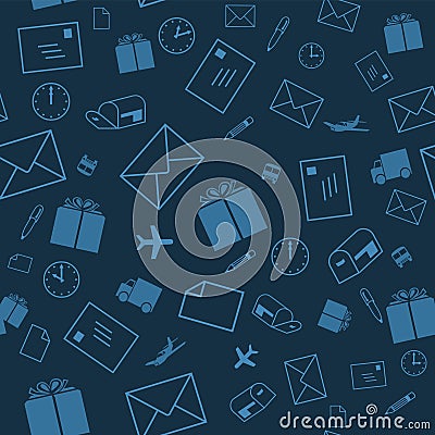 Seamless background. Post subject: envelopes, mailboxes, airplanes, delivery trucks, parcels, letters, ballpoint pens and pencils. Vector Illustration