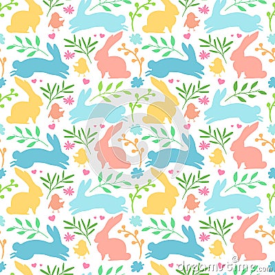 Seamless background with with rabbit silhouette and herb, plant. flower. Easter wallpaper for invitation and decoratio Vector Illustration