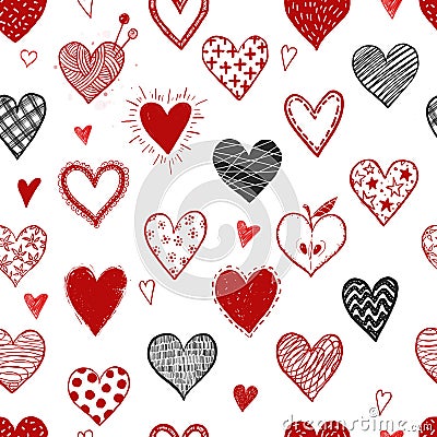 Seamless background with red and black doodle sketch hearts. Can be used for wallpaper, pattern fills, textile, web page Vector Illustration