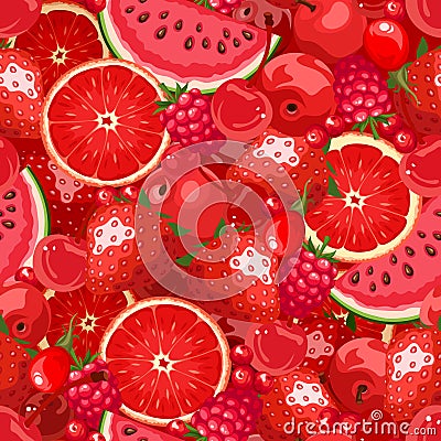 Seamless background with red fruit and berries. Vector illustration. Vector Illustration