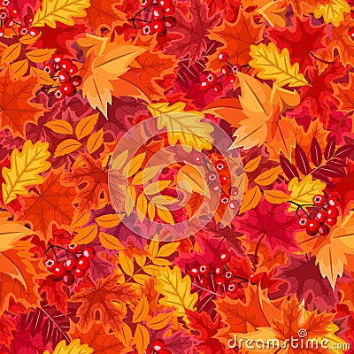 Seamless background with red and orange autumn leaves. Vector illustration. Vector Illustration