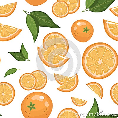 Seamless background of ripe oranges on a white background. Whole fruits, halves, slices and rings. Vector pattern in a cartoon Vector Illustration