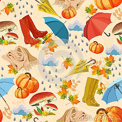 Seamless background with rubber boots, mushroom, umbrella, cloud, rain, leaf, maple, pumpkin, scarf on beige background. Season of Vector Illustration