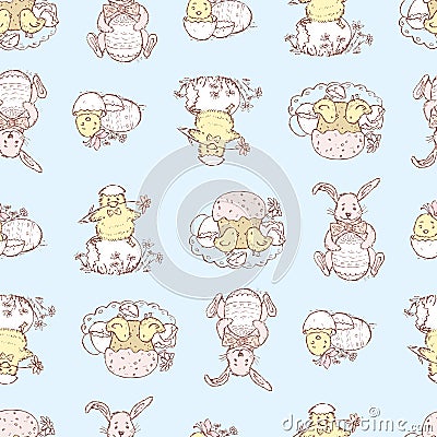 Seamless background of set various Easter pictures with chickens and rabbits Vector Illustration