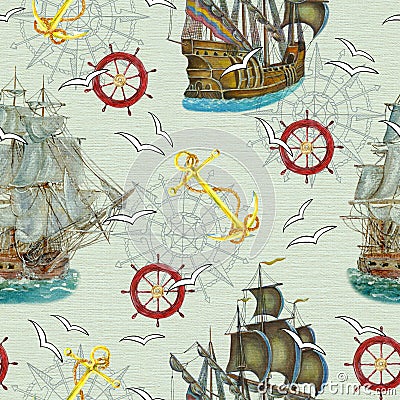 Seamless background with ships, anchor and gulls Cartoon Illustration