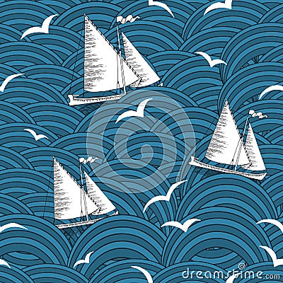 Seamless background with ships in waves Vector Illustration