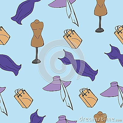 Seamless background with shopping sketches. Women`s hats and accessories on a blue background. Fashion background. Vector Illustration