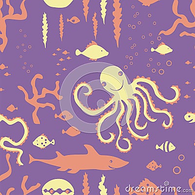 Seamless background of silhouettes cartoon underwater sea creatures Vector Illustration