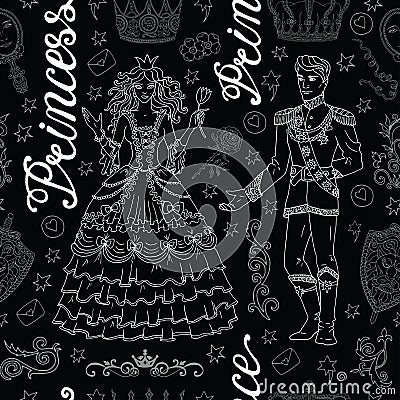 Seamless background with silhouettes of prince and princess on black Vector Illustration