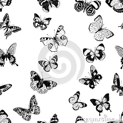 Seamless background of silhouettes various flying butterflies Vector Illustration