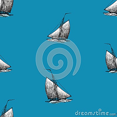 Seamless background of sketches ancient sailing boats in the sea Vector Illustration