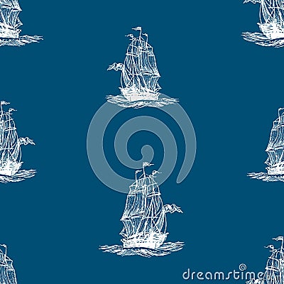Seamless background of sketches ancient sailing ship in the sea Vector Illustration