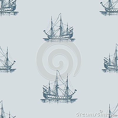 Seamless background of sketches ancient sailing ships in sea trip Vector Illustration
