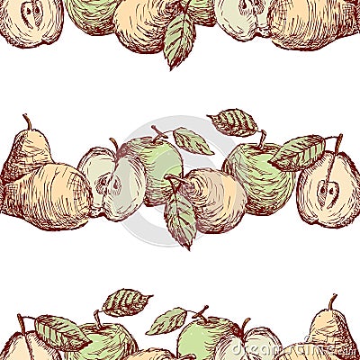 Seamless background of sketches green apples and yellow pears in rows Vector Illustration