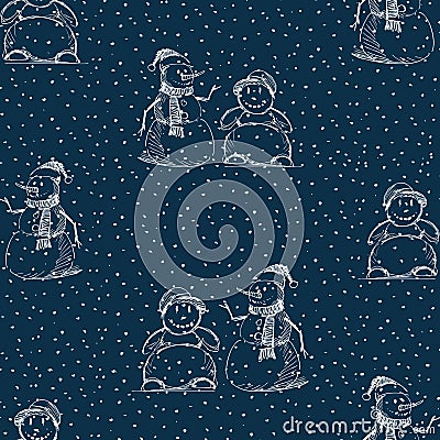 Seamless background with sketches joyful christmas snowmen Vector Illustration