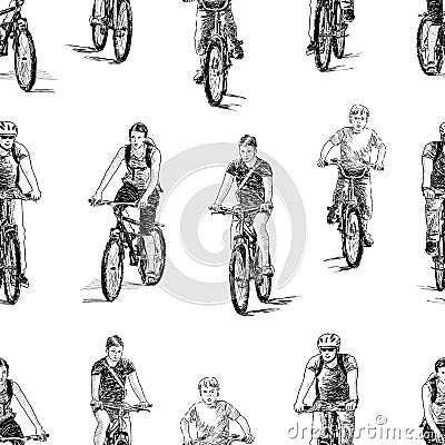 Seamless background of sketches of various cyclists riding forward Vector Illustration