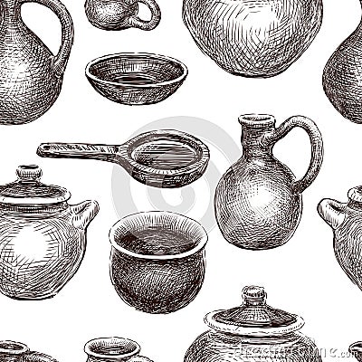 Seamless background from sketches of various pottery Vector Illustration