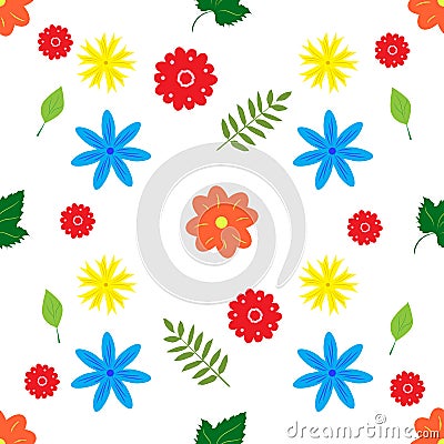 Seamless background with small flowers and leaves on white Vector Illustration