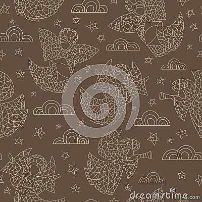 Seamless illustration with stained glass contour angels, clouds and stars , beige outline on a brown background Vector Illustration