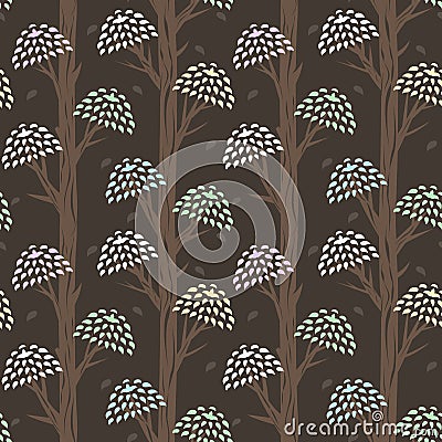 Seamless background with stylized crooked trees and bright crowns of leaves Vector Illustration