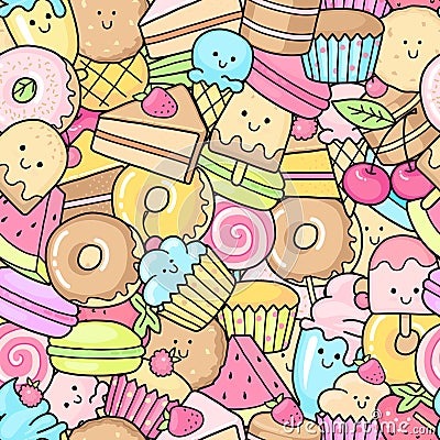 Seamless background of sweet and dessert doodle, cake, sweet donat, cookies and macaron Vector Illustration