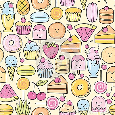 Seamless background of sweet and dessert doodle, cake, sweet donat, cookies and macaron Vector Illustration