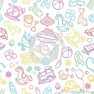 Seamless background, texture, backdrop, pattern, wallpaper with children cartoon doodle toys. Educational games for kids Vector Illustration