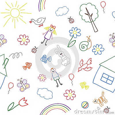 Seamless background, texture from the collection of children`s drawing Vector Illustration