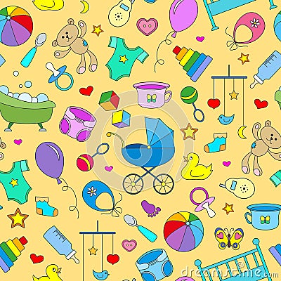 Seamless background on the theme of childhood and newborn babies, baby accessories, accessories and toys, simple color icons on ye Vector Illustration