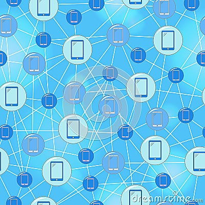 Seamless illustration on the topic mobile communications, simple round icons and wires on a blue background Vector Illustration