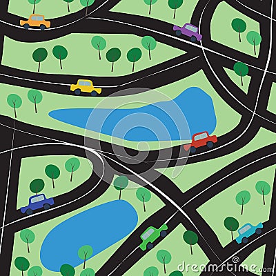 Seamless background with toy cars, roads and trees Vector Illustration